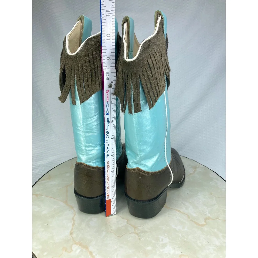 Old West Fringe Leather Western Boots Youth Sz 4.5 Turquoise Bronze Cowboy Rodeo